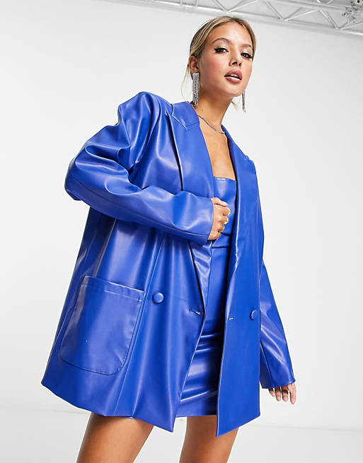 4th & Reckless leather look oversized blazer in blue (part of a set)