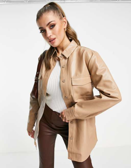 4th & Reckless leather look oversized shirt in beige - part of a set | ASOS