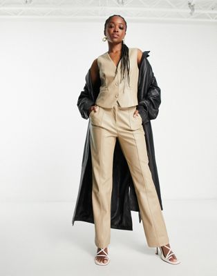 4th & Reckless leather look straight leg trouser co-ord in beige