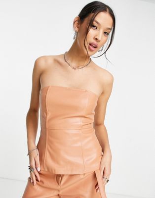 4th & Reckless leather look top co ord in camel
