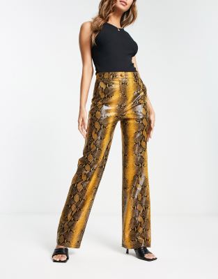 4th & Reckless leather look wide leg pants in orange snake-Multi