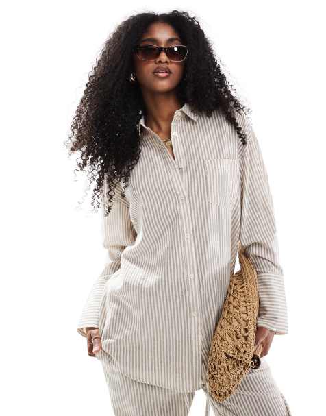 4th & Reckless – Leichte Hemdbluse in Leinenoptik in gestreiftem Beige, Kombiteil - view 1