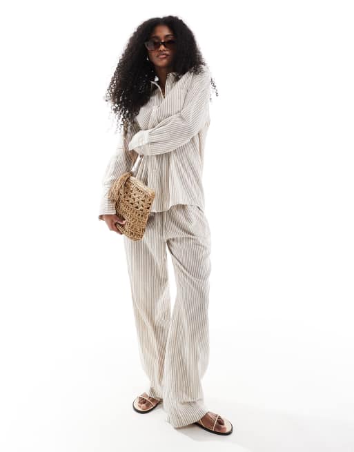4th & Reckless – Leichtes Set aus Leinen in Beige gestreift mit Hemd und Hose