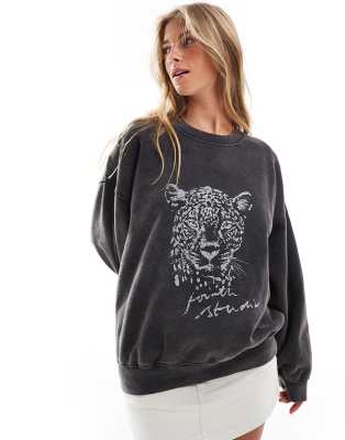 leopard motif sweatshirt in black acid wash