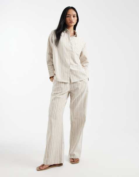 4th & Reckless lightweight cotton rich button through beach shirt and wide leg beach trouser co-ord in beige stripe - view 1