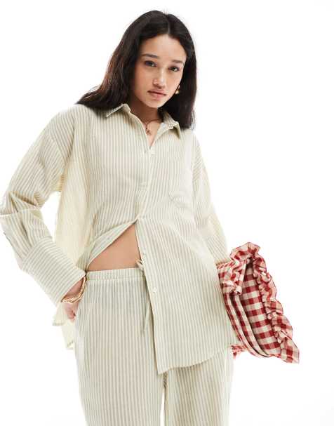 4th & Reckless lightweight linen look pocket detail beach shirt co-ord in cream & sage stripe  - view 1