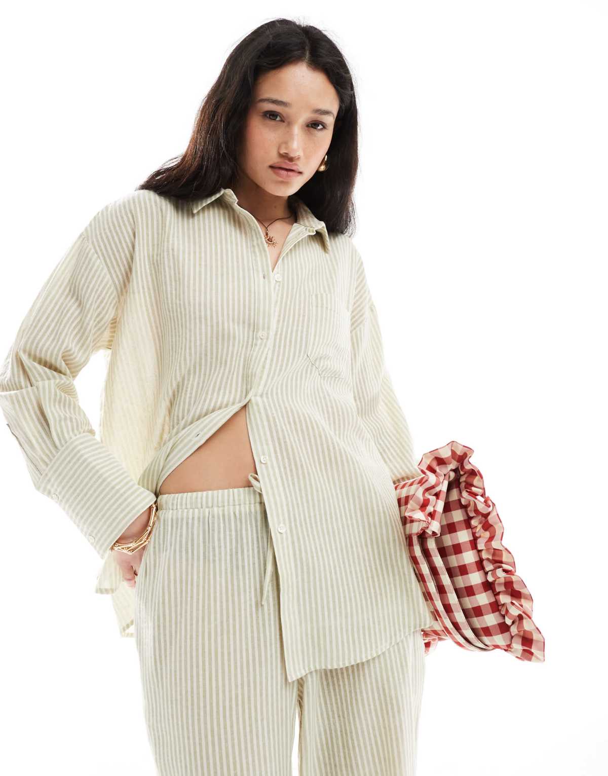 4th & Reckless lightweight linen look pocket detail beach shirt co-ord in cream & sage stripe