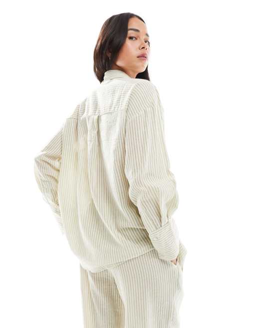 4th & Reckless lightweight linen look pocket detail beach shirt co-ord in cream & sage stripe , 3 of 4