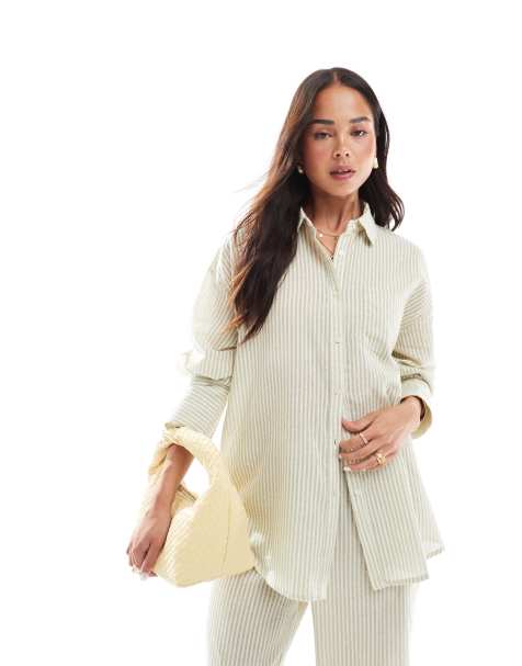 4th & Reckless lightweight linen look pocket detail beach shirt in cream & sage stripe (part of a set) - view 1