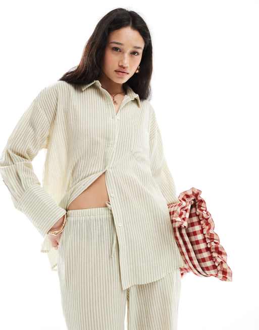 4th & Reckless lightweight linen look pocket detail beach shirt in cream & sage stripe (part of a set) 