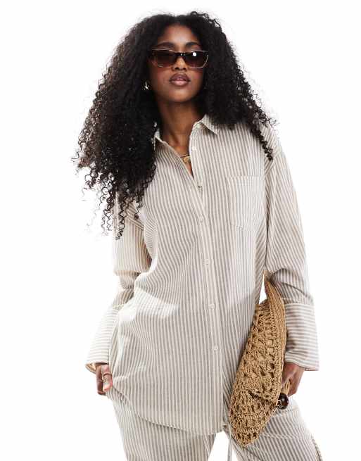 4th & Reckless lightweight linen look stripe shirt in beige (part of a set) 