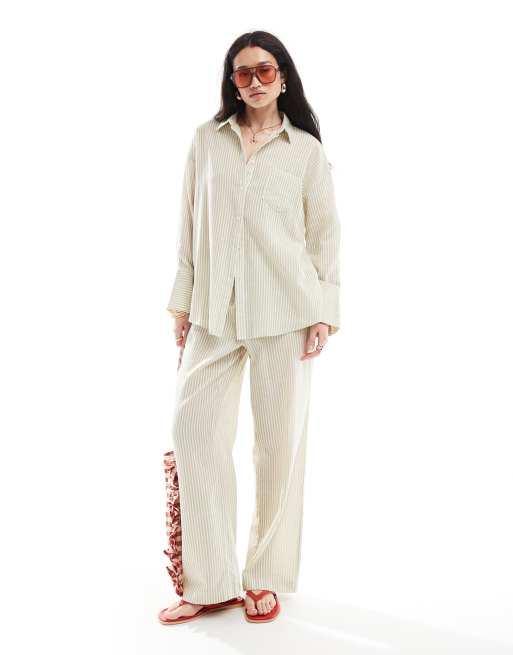 4th & Reckless lightweight linen stripe shirt and trouser co-ord in beige