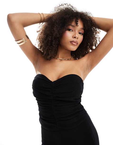 4th & Reckless linen bandeau sweetheart ruched top co-ord in black - view 1