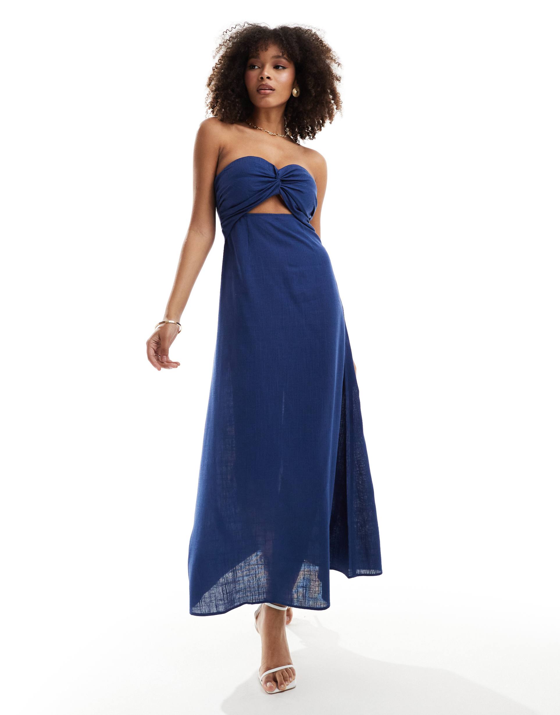 4th & reckless linen blend bandeau cut out maxi dress in blue