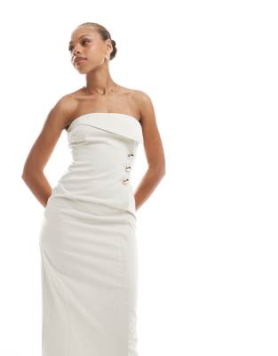 4th & Reckless Linen Blend Bandeau Foldover Gold Button Detail Maxi Dress In White
