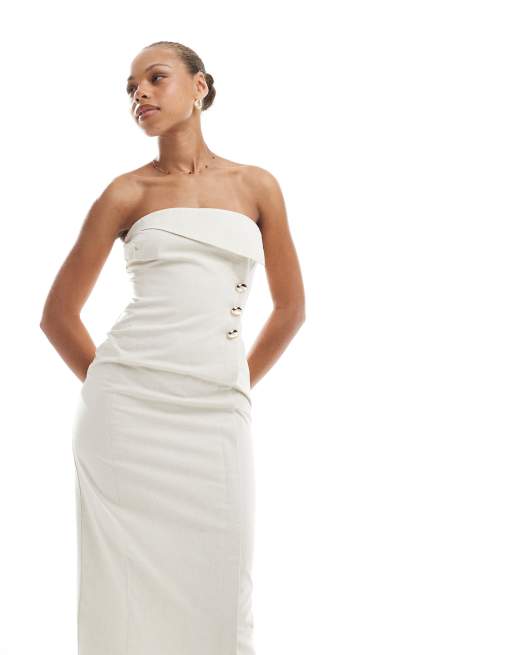 4th & Reckless linen blend bandeau foldover gold button detail maxi dress in beige, 2 of 4