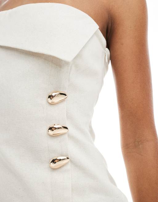 4th & Reckless linen blend bandeau foldover gold button detail maxi dress in beige, 3 of 4