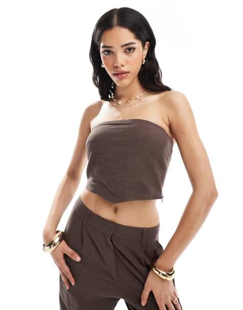 4th & Reckless linen blend bandeau scarf top co-ord in brown - view 1