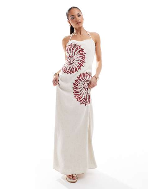 4th & Reckless linen blend brown shell embroidered halterneck maxi dress in beige - view 1