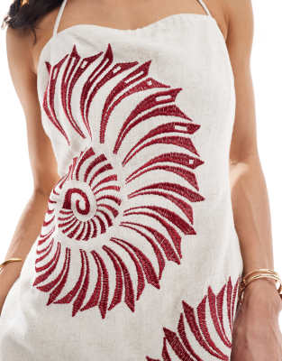 4th & Reckless 4th & Reckless Linen Blend Brown Shell Embroidered Halterneck Maxi Dress In Neutral