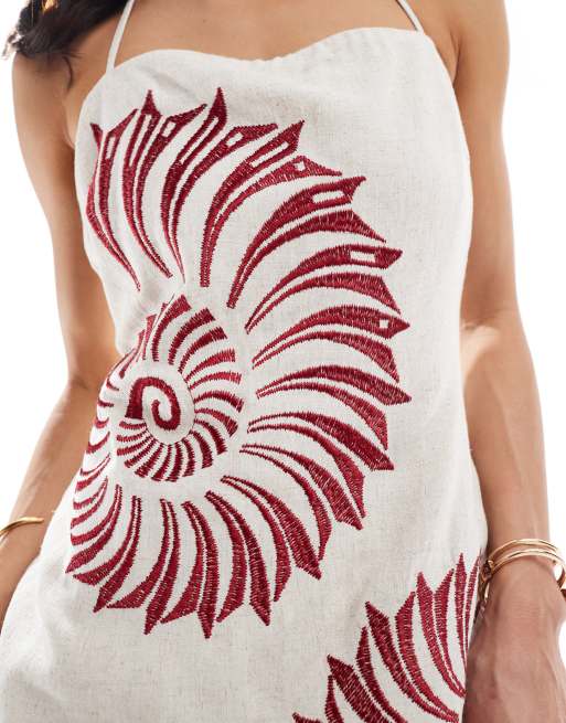 4th & Reckless linen blend brown shell embroidered halterneck maxi dress in beige