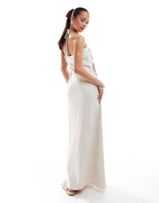 4th & Reckless linen blend brown shell embroidered halterneck maxi dress in beige