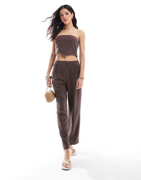 4th & Reckless linen blend drape detail envelope bandeau top and wide leg trousers co-ord in brown - view 1