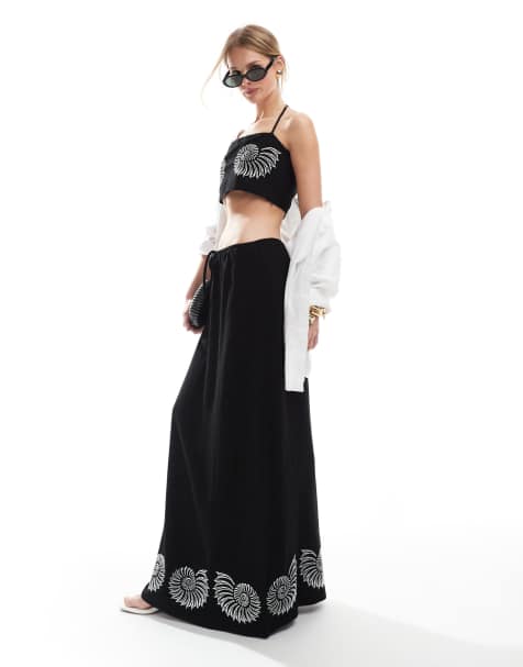 4th & Reckless linen blend embroidered shell detail beach maxi skirt co-ord in black 