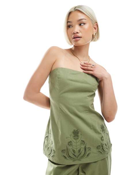 4th & Reckless linen blend flower cutwork detail longline bandeau top in olive green - part of a set - view 1