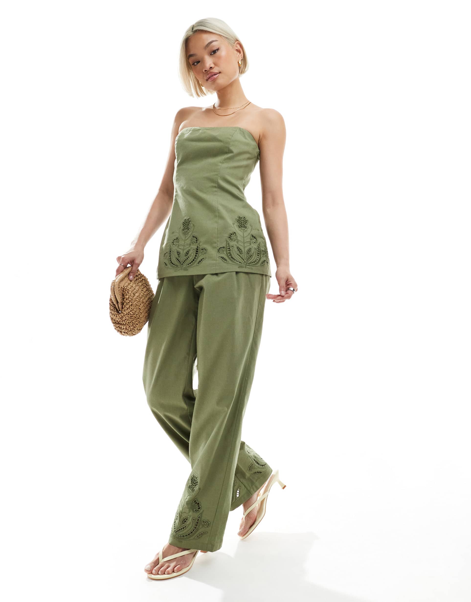 4th & reckless linen blend flower cutwork detail wide leg pants in olive green - part of a set