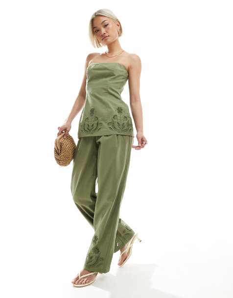 4th & Reckless linen blend flower cutwork detail wide leg trousers co-ord in olive green