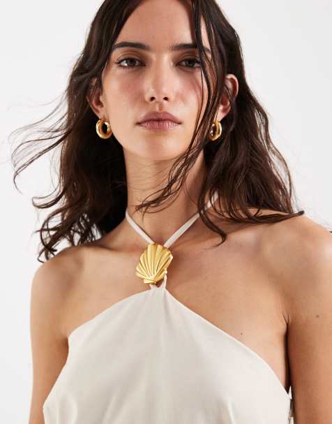 4th & Reckless linen blend gold shell hardware halterneck shift beach dress in beige - view 1