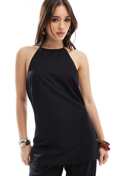 4th & Reckless linen blend halterneck low back top co-ord in black