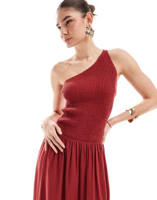 4th & Reckless Linen Blend Shirred One Shoulder Drop Waist Maxi Dress In Washed Red