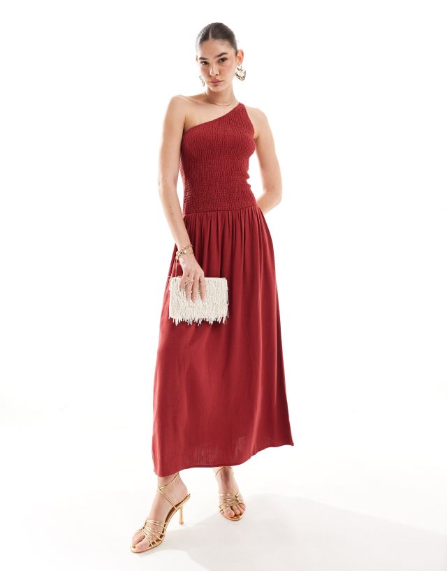 4th & Reckless - linen blend shirred one shoulder drop waist maxi dress in washed red