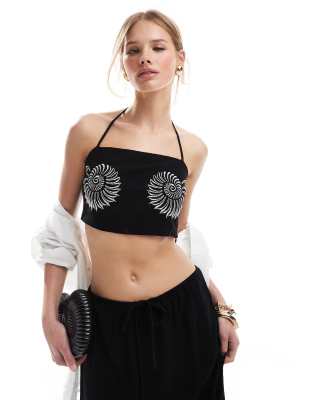 4th & Reckless 4th & Reckless linen blend square halterneck embroidered shell detail beach crop top co-ord in black