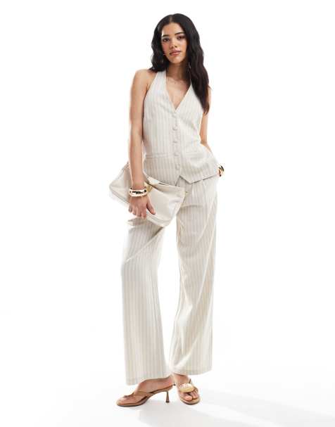 4th & Reckless linen blend tailored halterneck tie back waistcoat and wide leg pants set in beige stripe - view 1