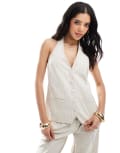 [4th & Reckless] 4th & Reckless linen blend tailored halterneck tie back waistcoat top in beige stripe (part of a set)-Multi 14 Stripe