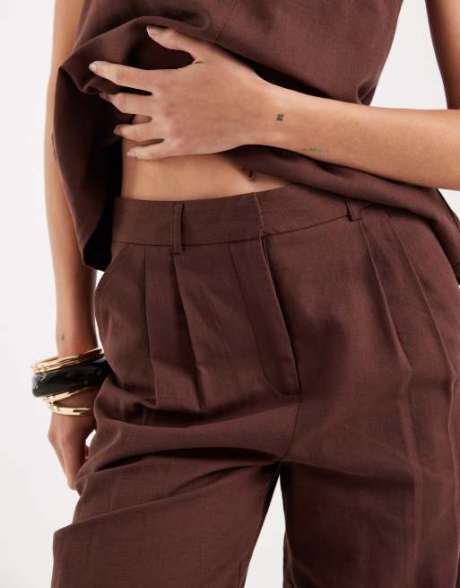 4th & Reckless linen blend tailored pleat front wide leg pants in chocolate - part of a set, 3 of 5