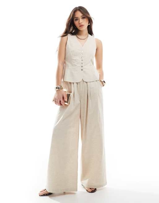 4th & Reckless linen blend tailored ruched waistband wide leg pants in beige - part of a set