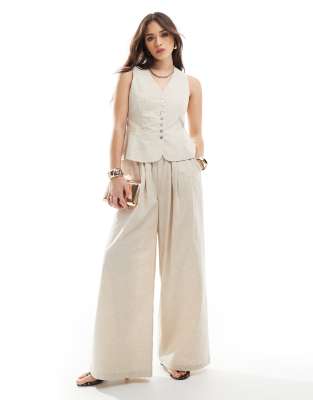 4th & Reckless 4th & Reckless linen blend tailored ruched waistband wide leg trousers co-ord in beige-Neutral