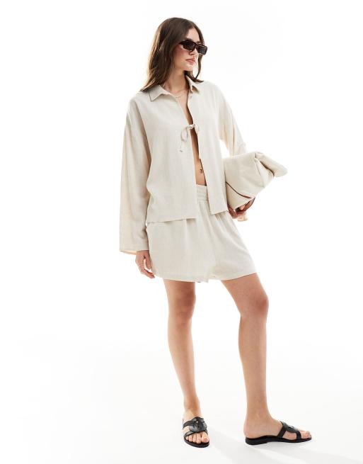 4th & Reckless linen blend tie front shirt in beige - part