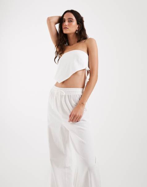 4th & Reckless linen blend tie waist wide leg beach trouser co-ord in white - view 1