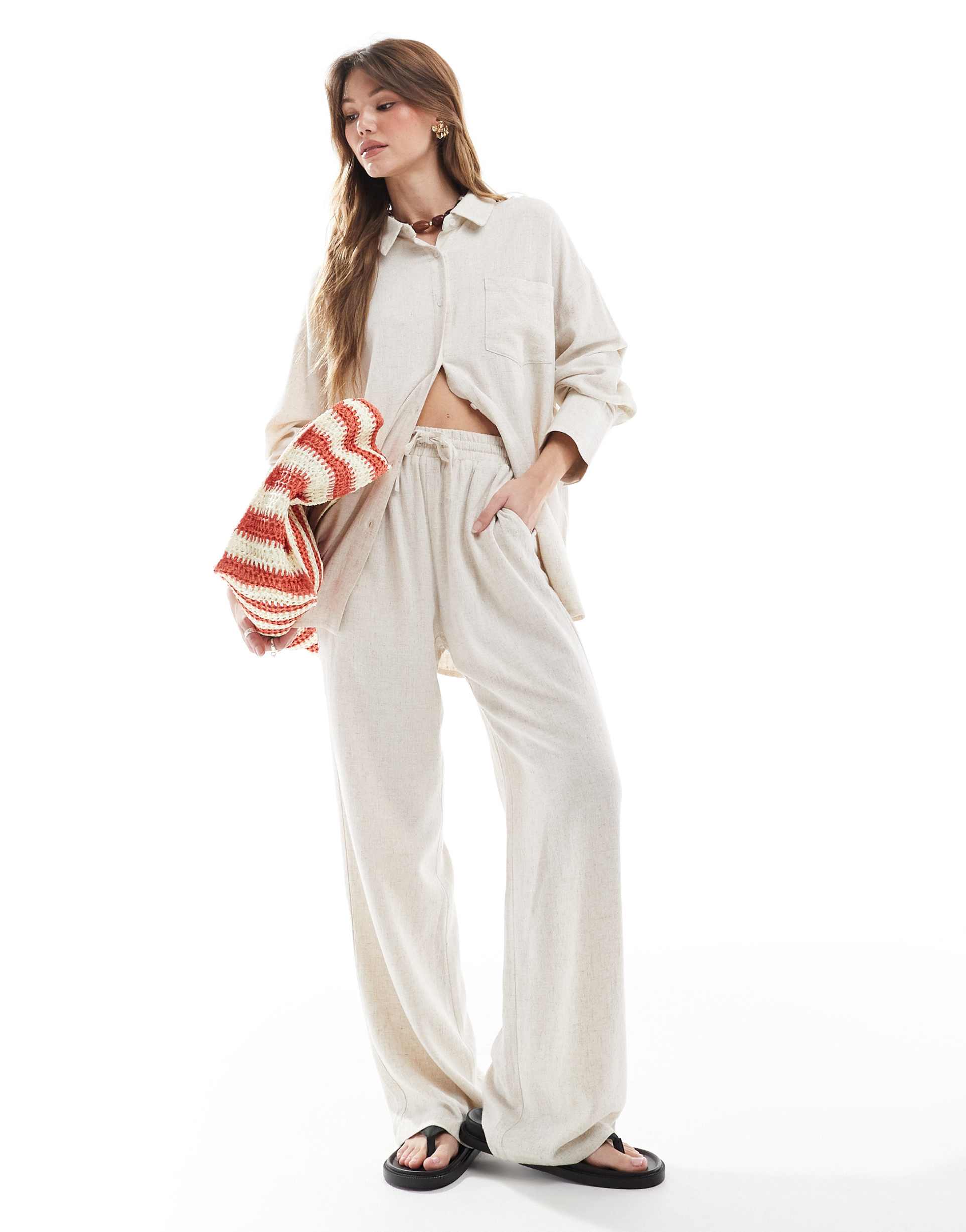 4th & reckless linen blend tie waist wide leg pants in beige - part of a set