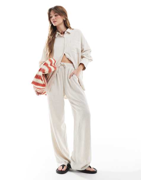 4th & Reckless linen blend tie waist wide leg trouser co-ord in beige - view 1