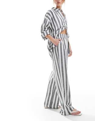 【BOK PLACE】Striped flare N/S wide banding PT two-piece 4th & Reckless linen blend wide leg beach pants in gray
