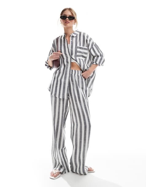 4th & Reckless linen blend wide leg beach trouser co-ord in grey & white stripe - view 1