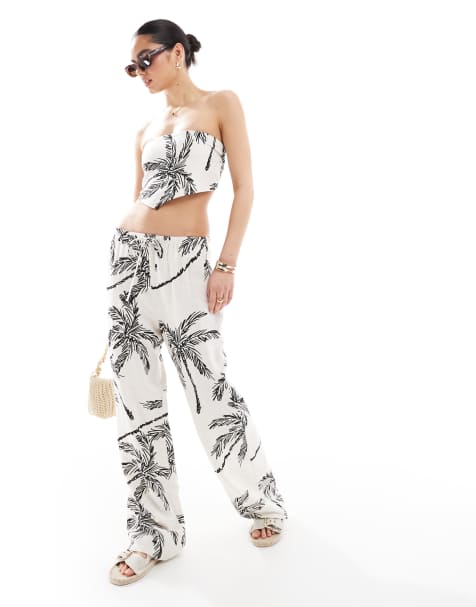 4th & Reckless linen blend wide leg trouser co-ord in beige palm print - view 1