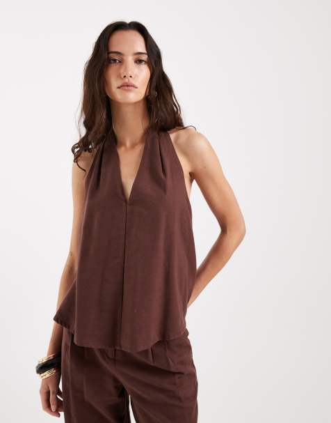 4th & Reckless linen feel halterneck v neck floaty top co-ord in chocolate - view 1