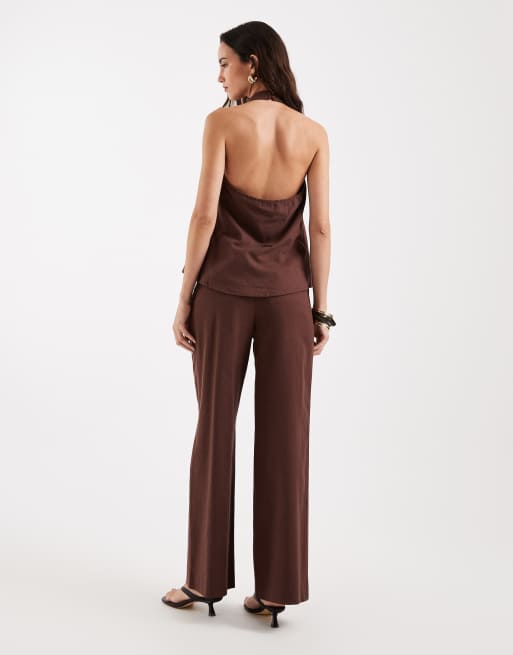 4th & Reckless linen feel tailored pleat front wide leg trousers co-ord in chocolate, 4 of 5
